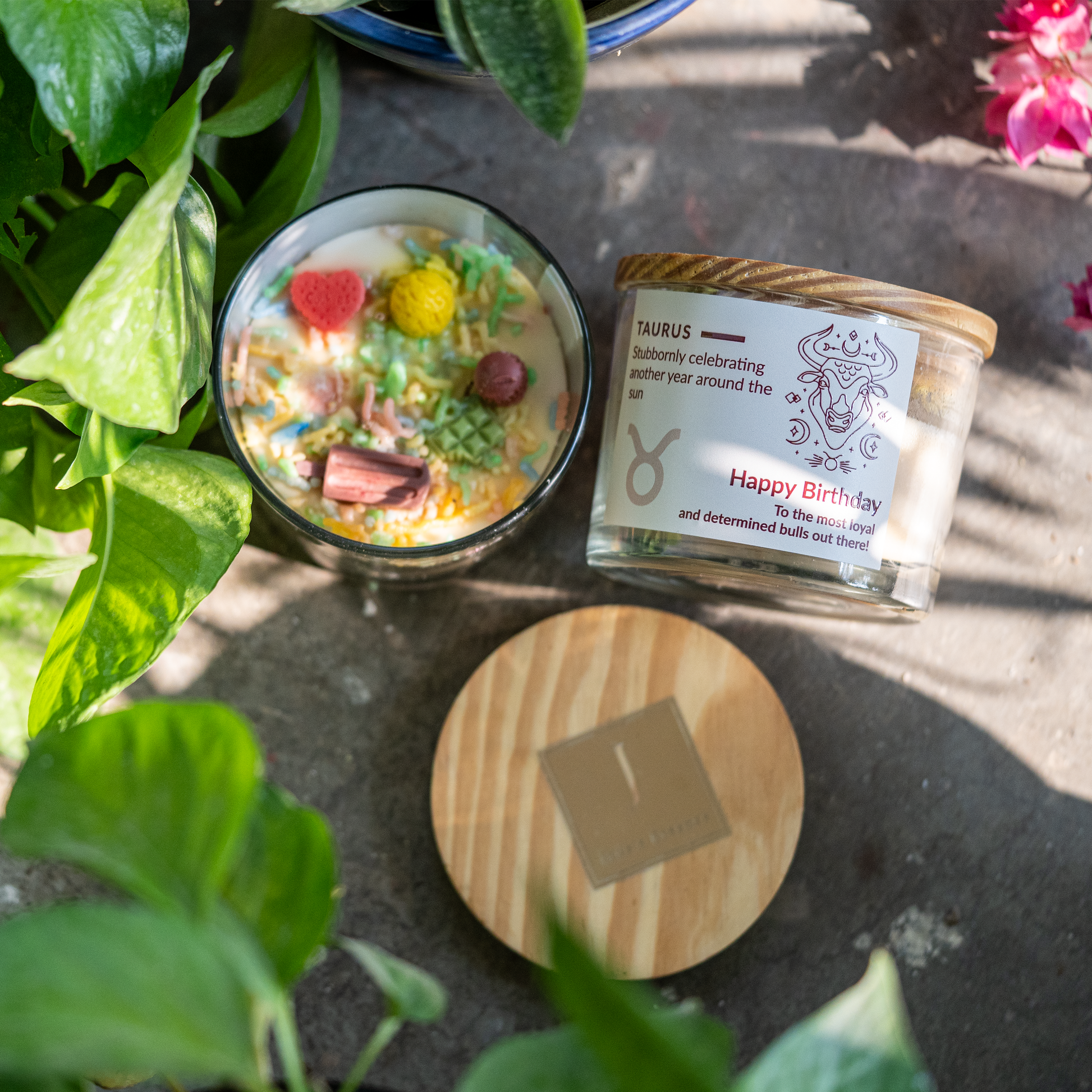 Ecofriendly Zodiac Candle with decorative elements on a stone surface surrounded by plants