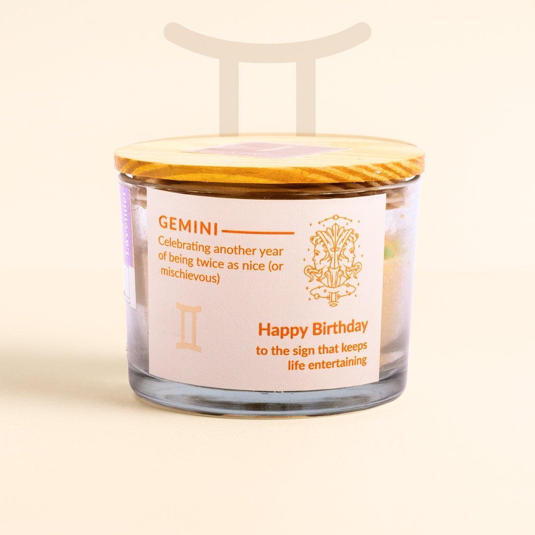 ecofriendly Candle with a Gemini-themed label on a beige background