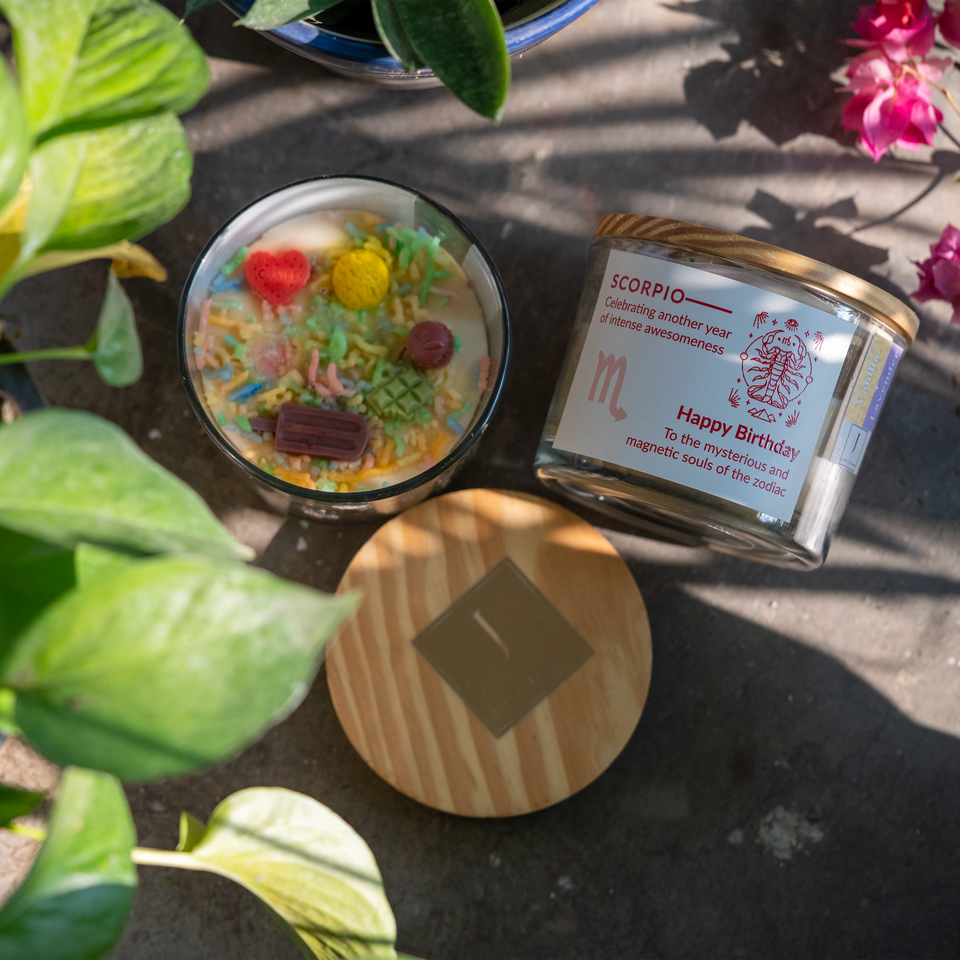 Decorative container with colorful contents and a labeled ecofriendly candle on a textured surface with plants.Zodiac candle eco friendly 