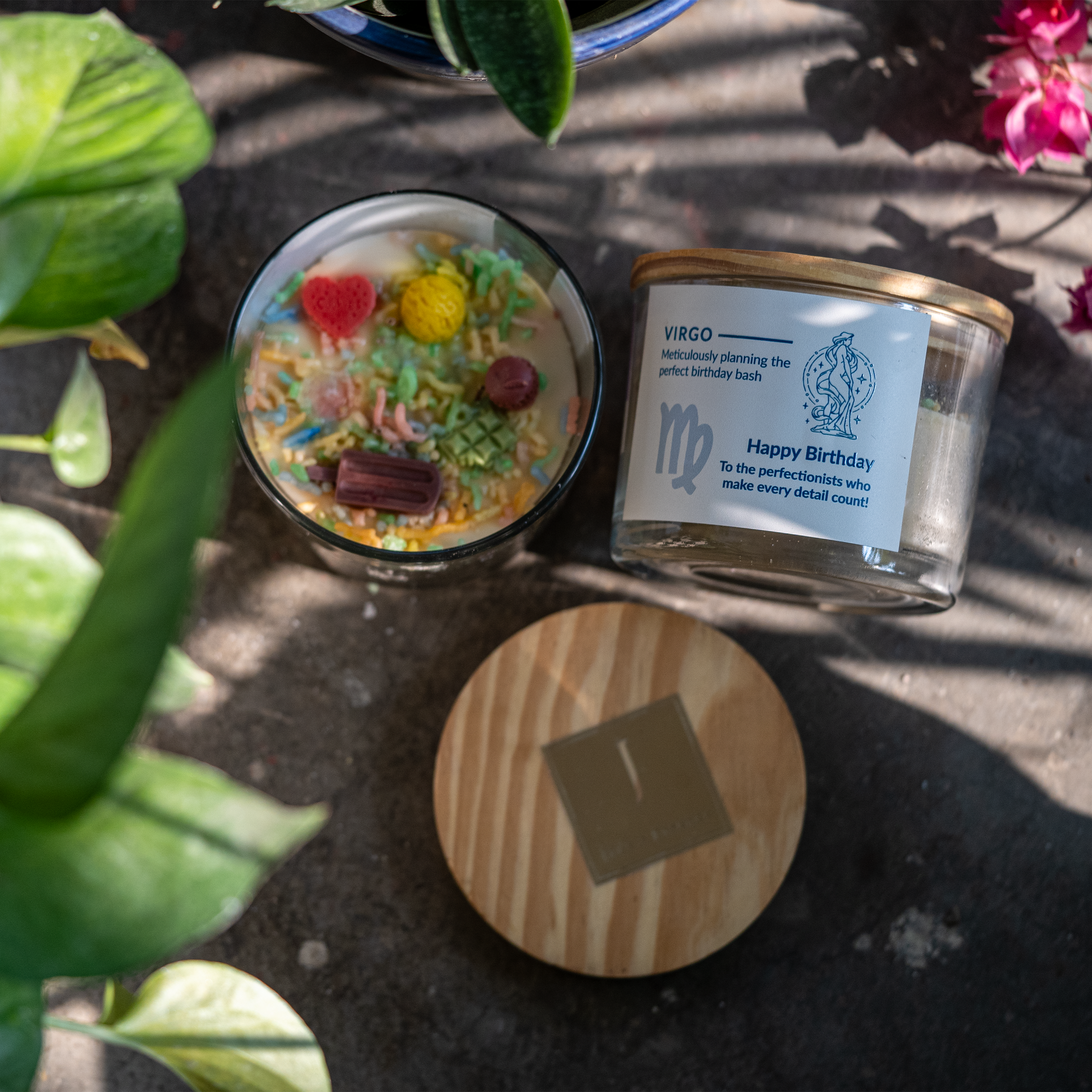 Decorative jar with colorful contents and a label on a textured surface with plants.