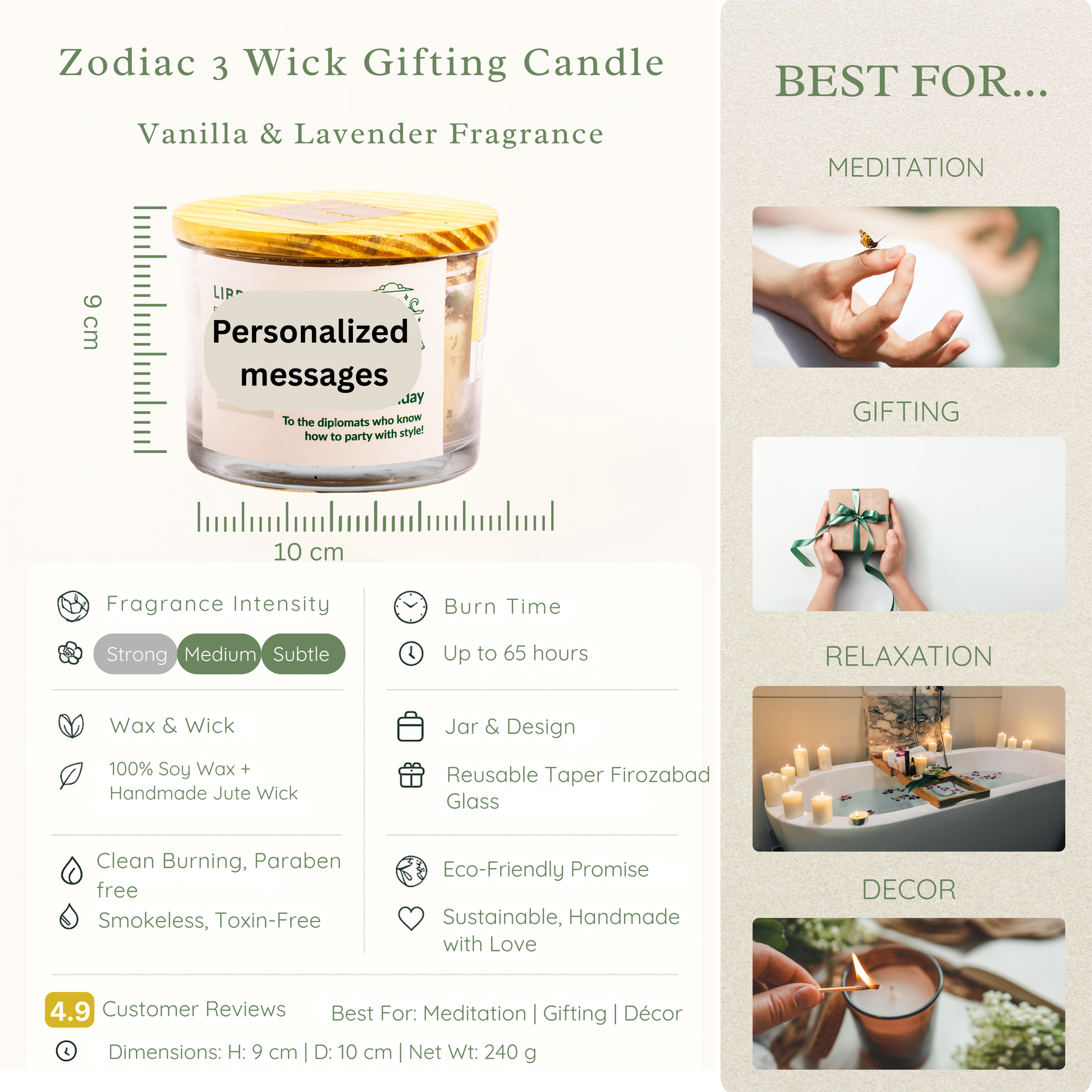 ecofriendly Zodiac 3 Wick Candle with product details and usage suggestions on a white background