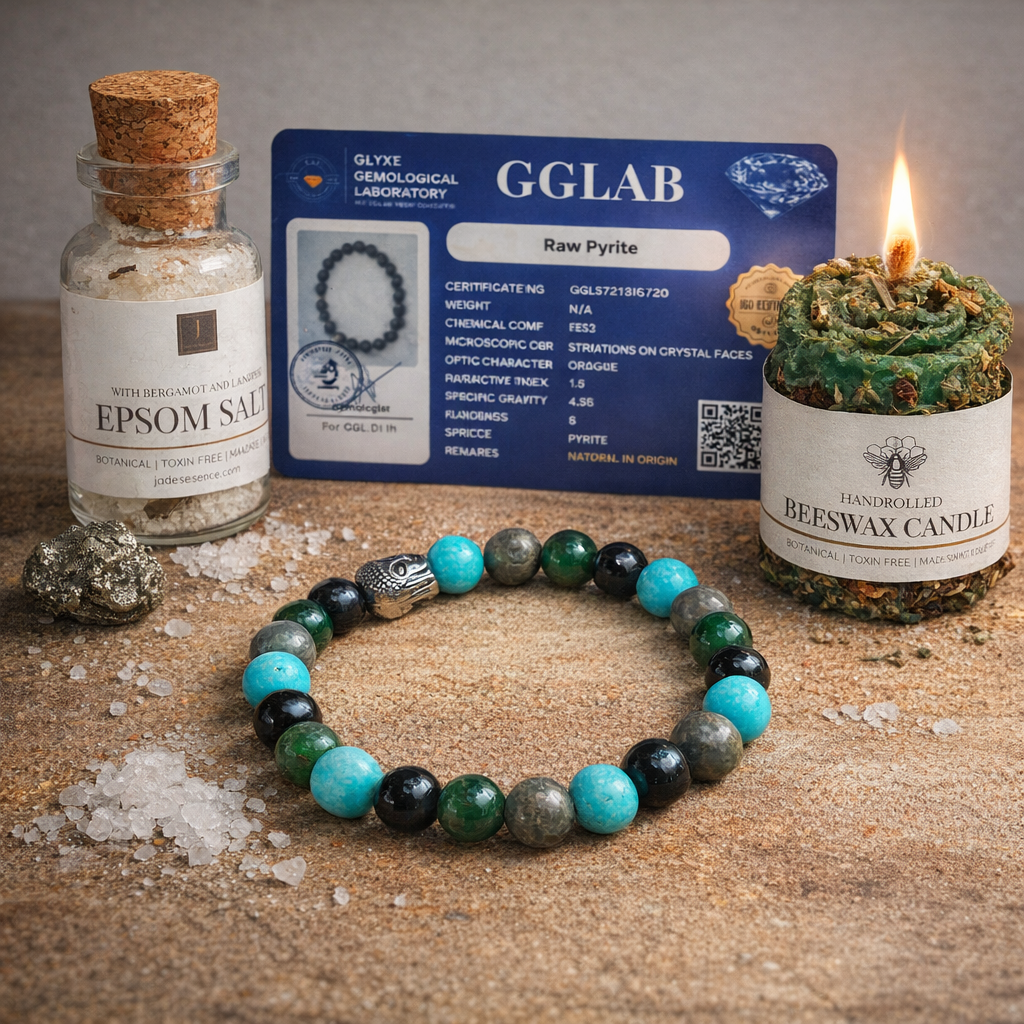 Bracelet with beaded design, Epsom salt bottle, GGLAB certificate, and candle on a textured surface.