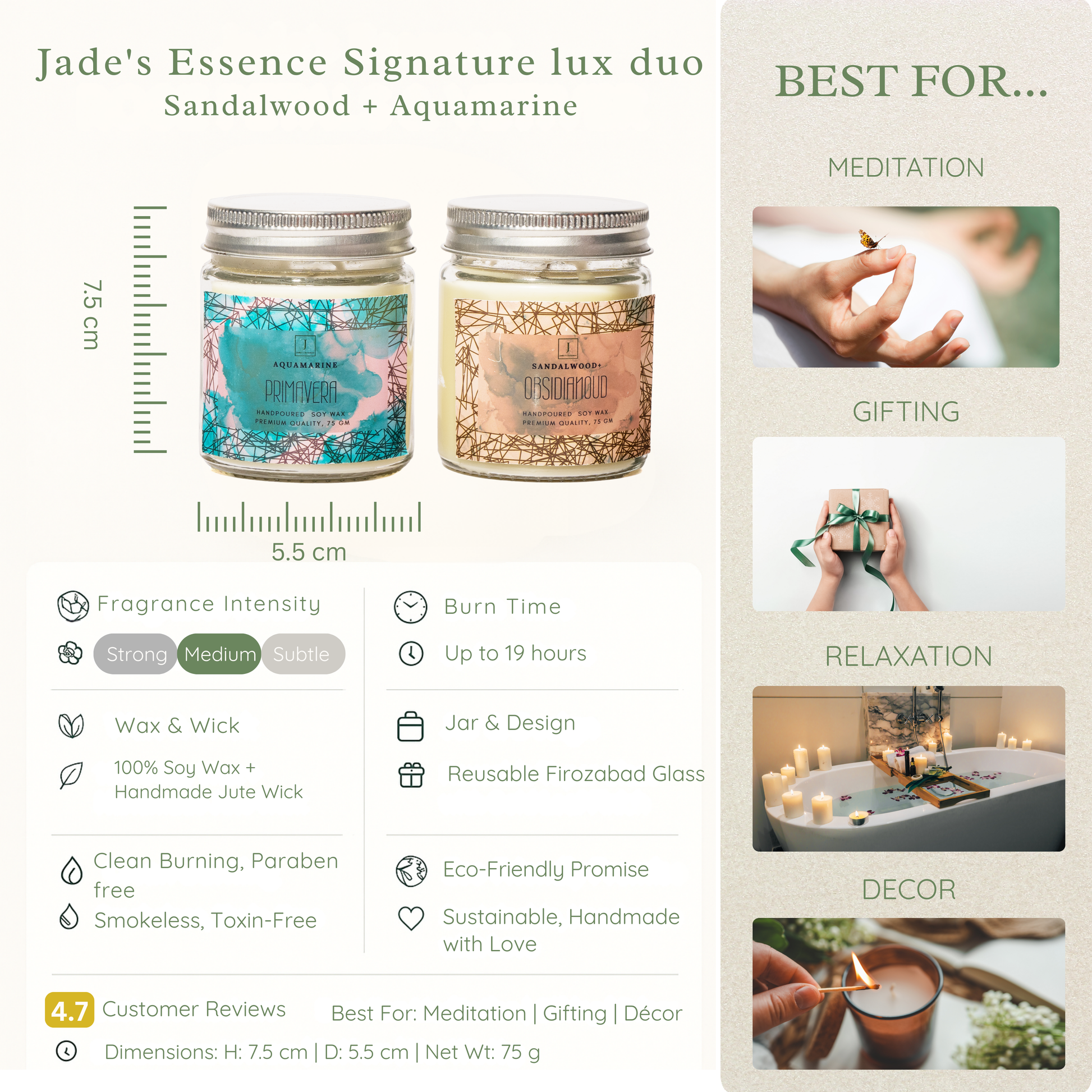 Two ecofriendly candles for eco-conscious people in jars with product details and usage suggestions on a white background