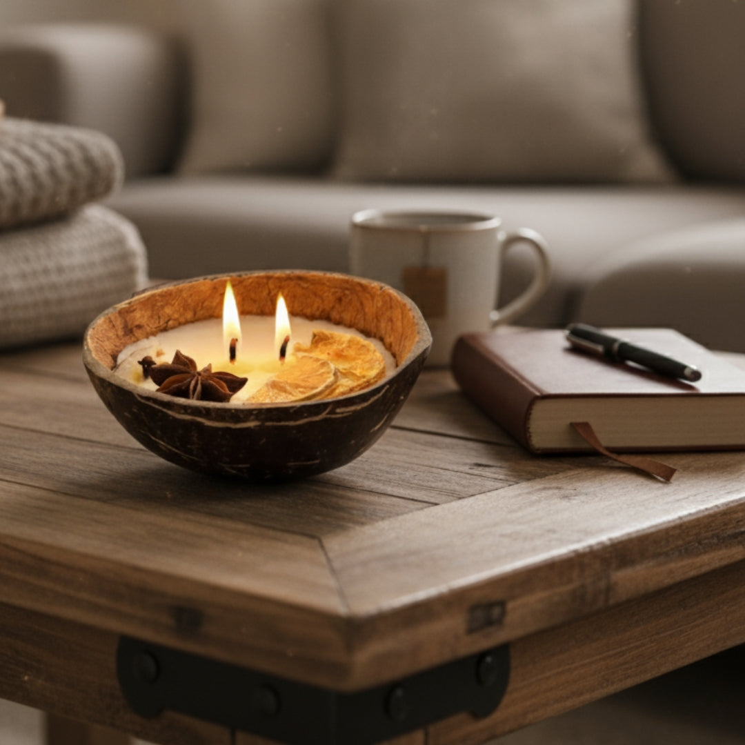Candle in a coconut shell with a cup, notebook, and pen on a wooden table.