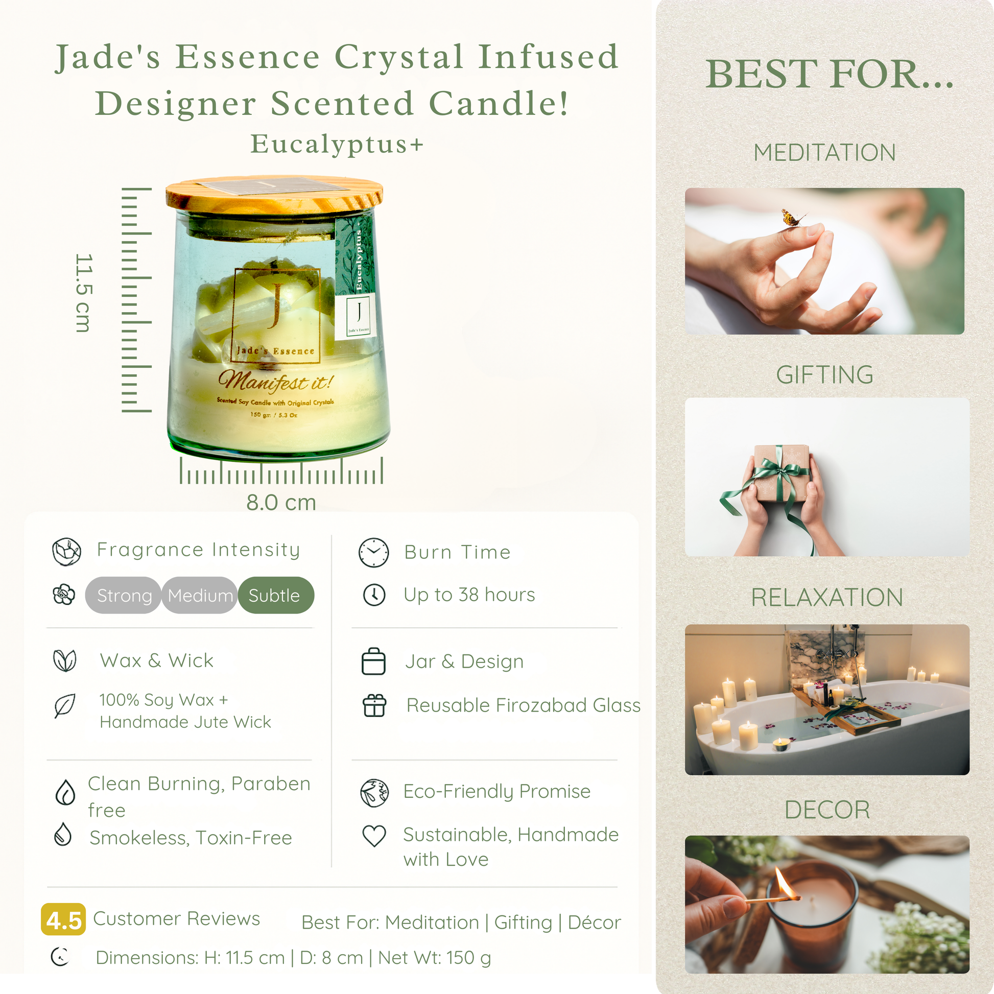 Jade's Essence Crystal Infused Designer Scented Candle with product details and usage suggestions.