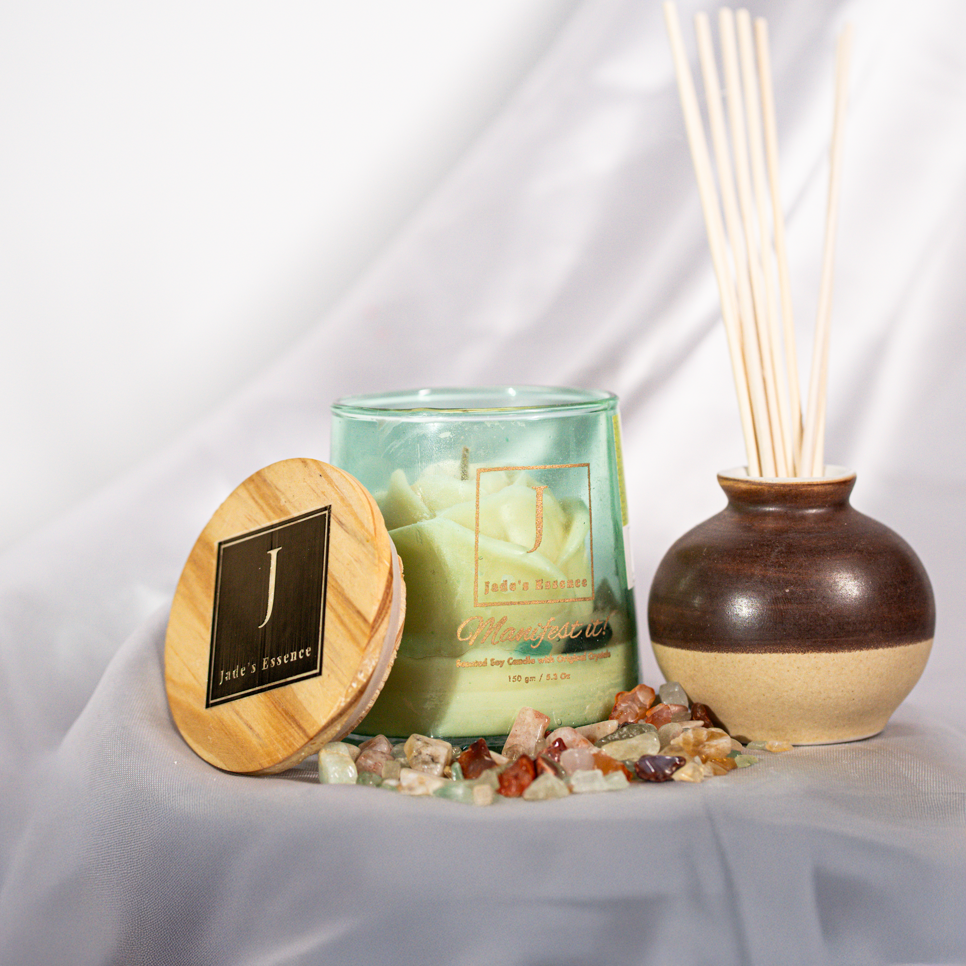 Jades essence manifestation candle crystal infused scented candles jasmine ecofriendly
