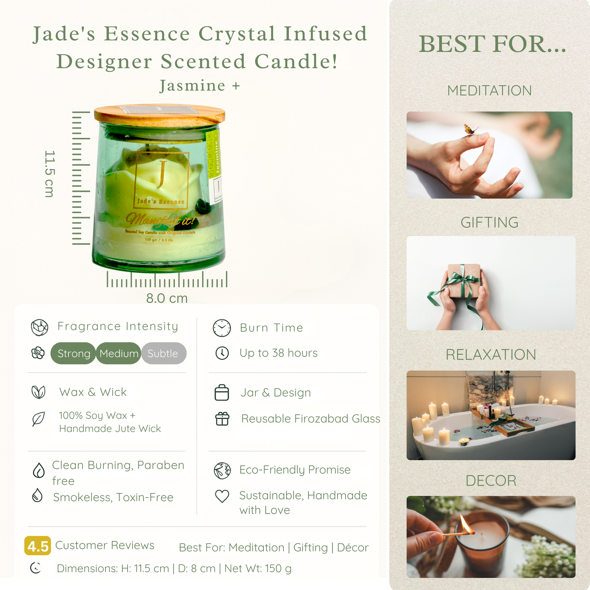 Jade's Essence Crystal Infused Designer Scented Candle with product details and usage suggestions.