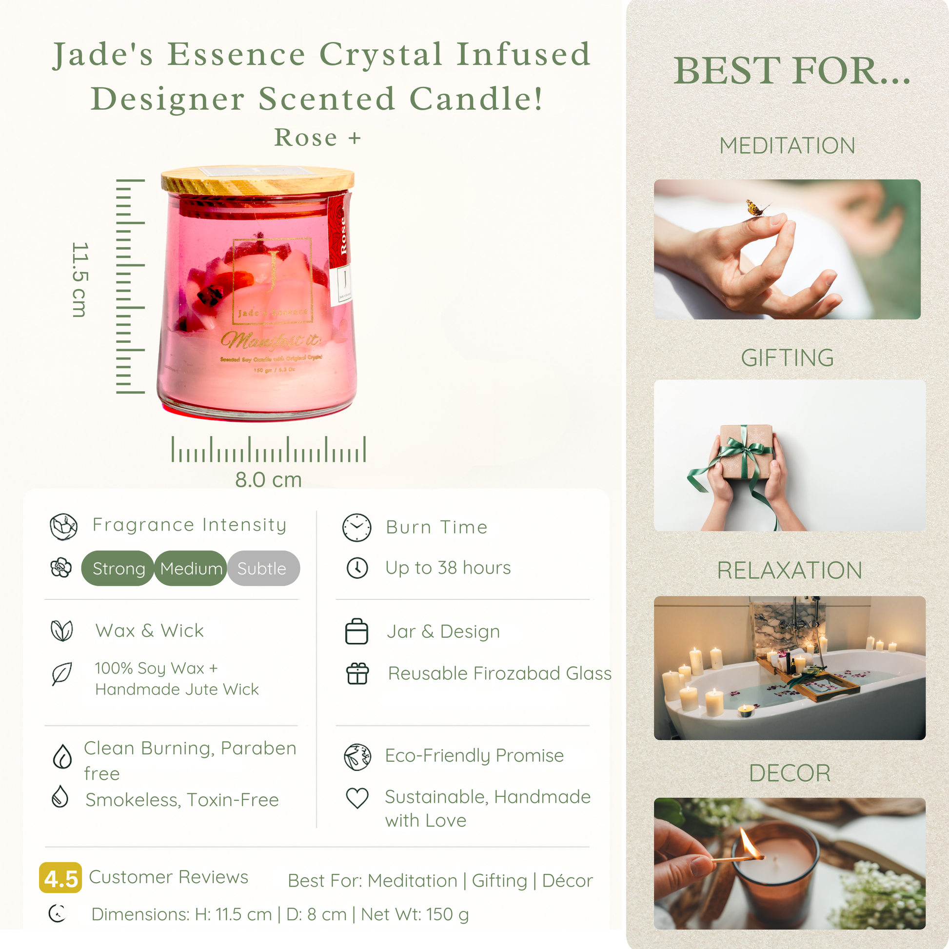 Jade's Essence Crystal Infused Designer Scented Candle with product details and usage suggestions.