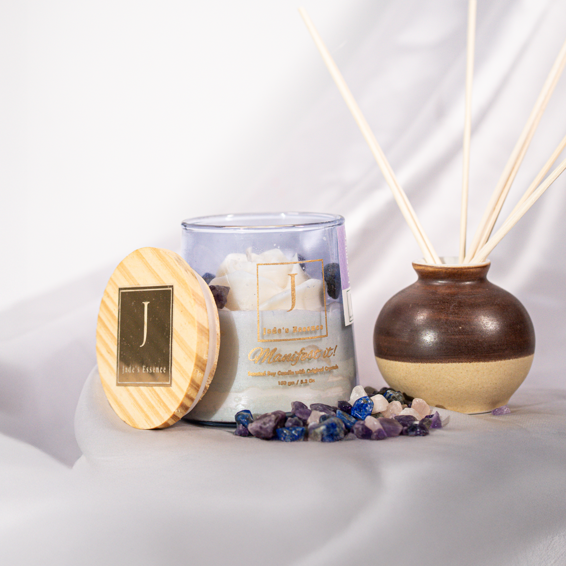 Manifestation candle with crystal infused .Eco_friendly_lavender_amethyst_rose_lepidolite_lapis_lazuli