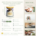 Product description of a Jade's Essence crystal infused candle with features and uses listed.