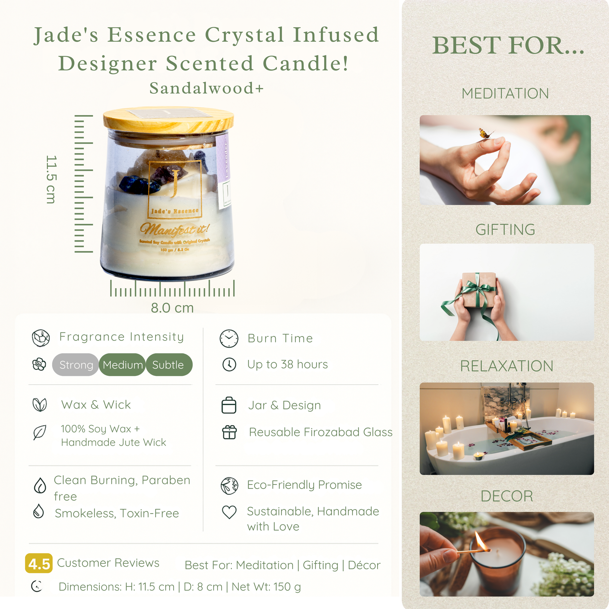 Product description of a Jade's Essence crystal infused candle with features and uses listed.