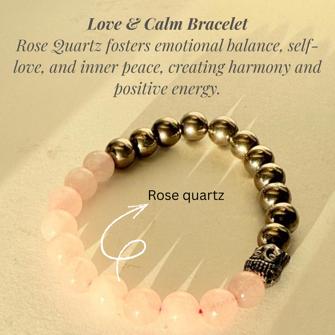Love & Calm Bracelet with rose quartz beads on a beige background
