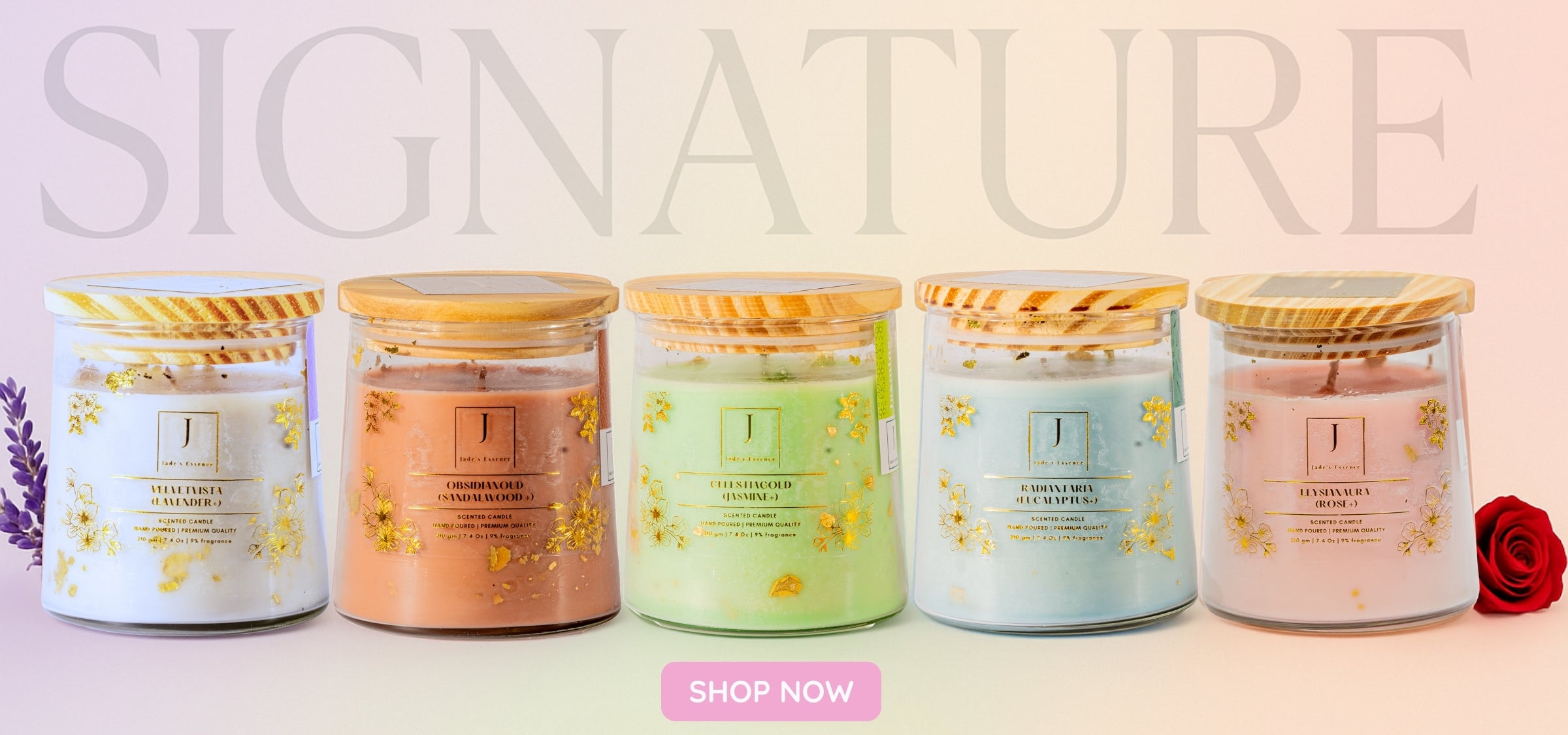 Three eco friendly scented candles with decorative elements on a light background, featuring the brand 'SIGNATUER Candles'.slider_item_UTWAPC