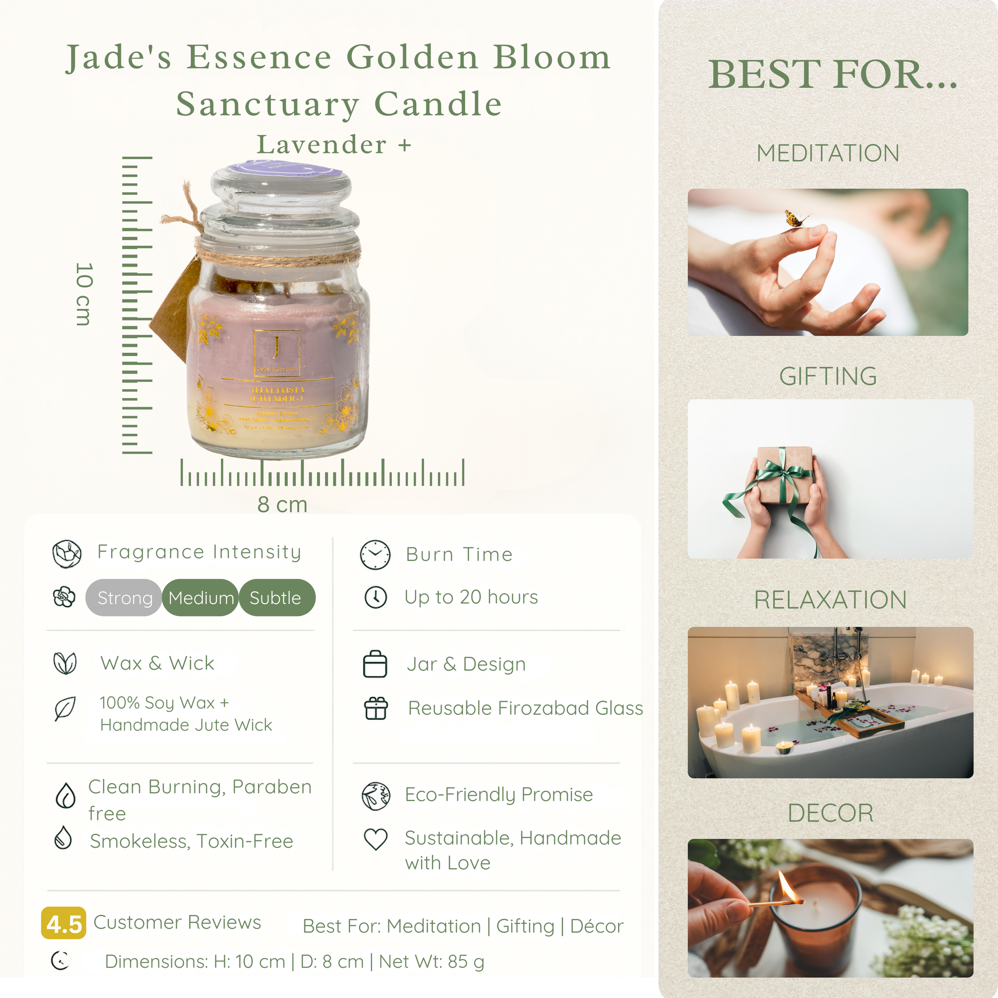 Jade's Essence Golden Bloom Sanctuary eco friendly Candle with product details and usage suggestions.