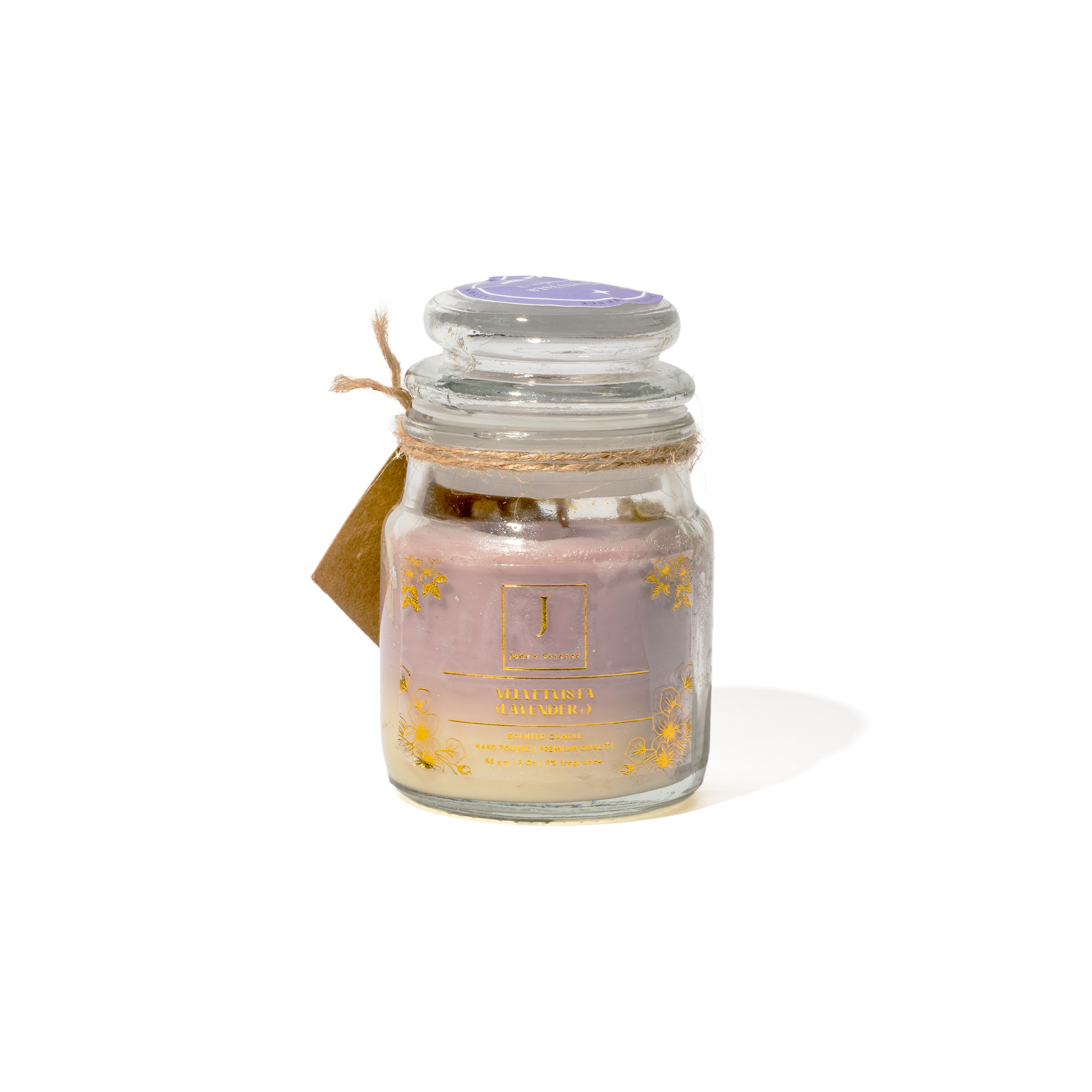 ecofriendly GIFTING Glass jar candle with a purple lid and decorative tag on a white background