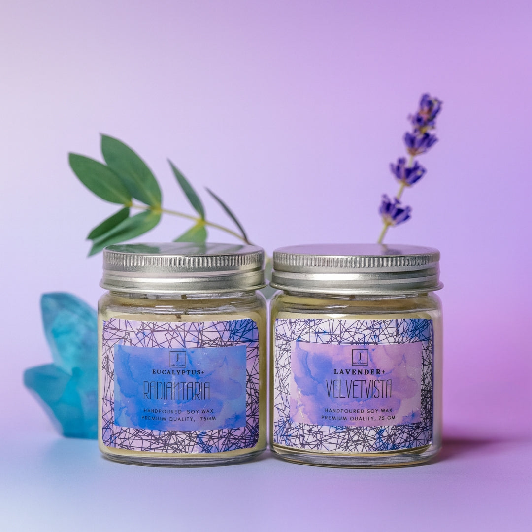 Two jars of eco friendly candles Eucalyptus and Lavender 