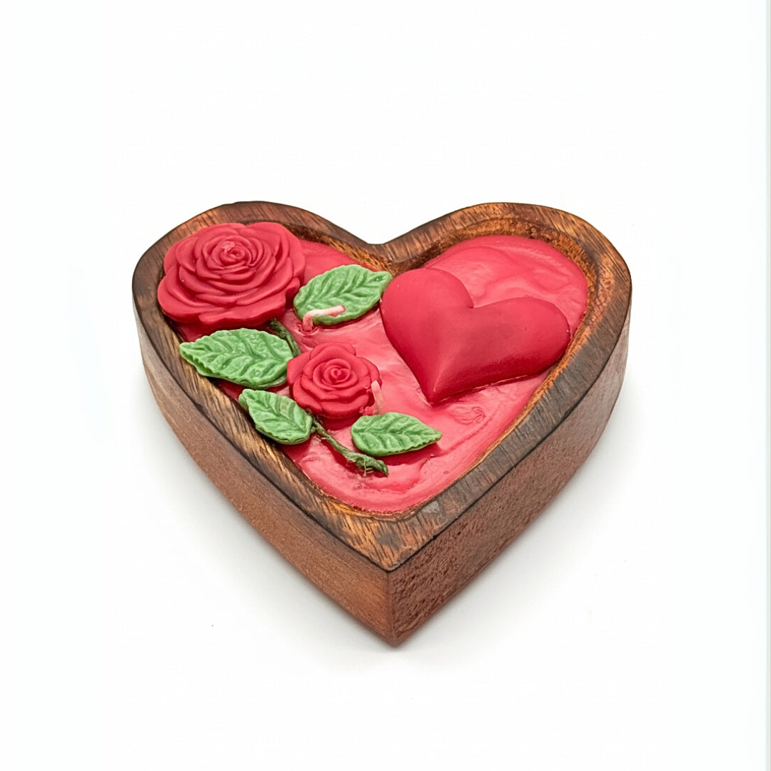 Heart-shaped wooden box with red hearts and roses on a white background