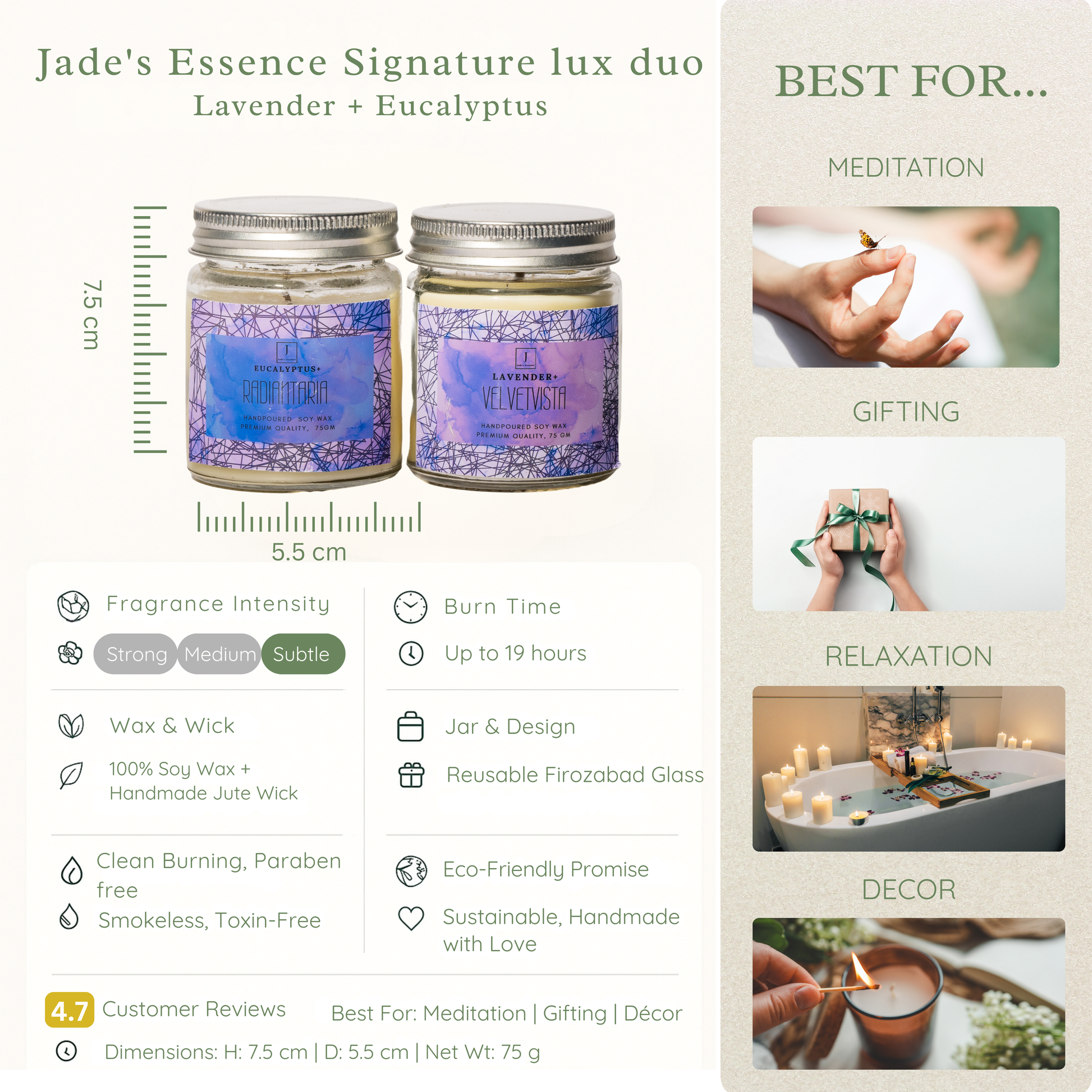 Two ecofriendly candles in jars with product details and usage suggestions on a white background