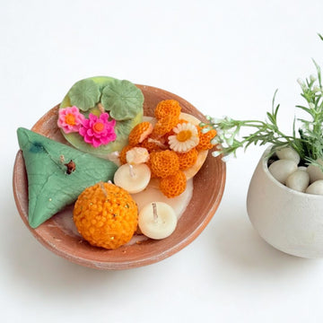 Laxmi Pooja Platter terracotta (Laddu,Paan,Flower,Diya) – Eco-Friendly