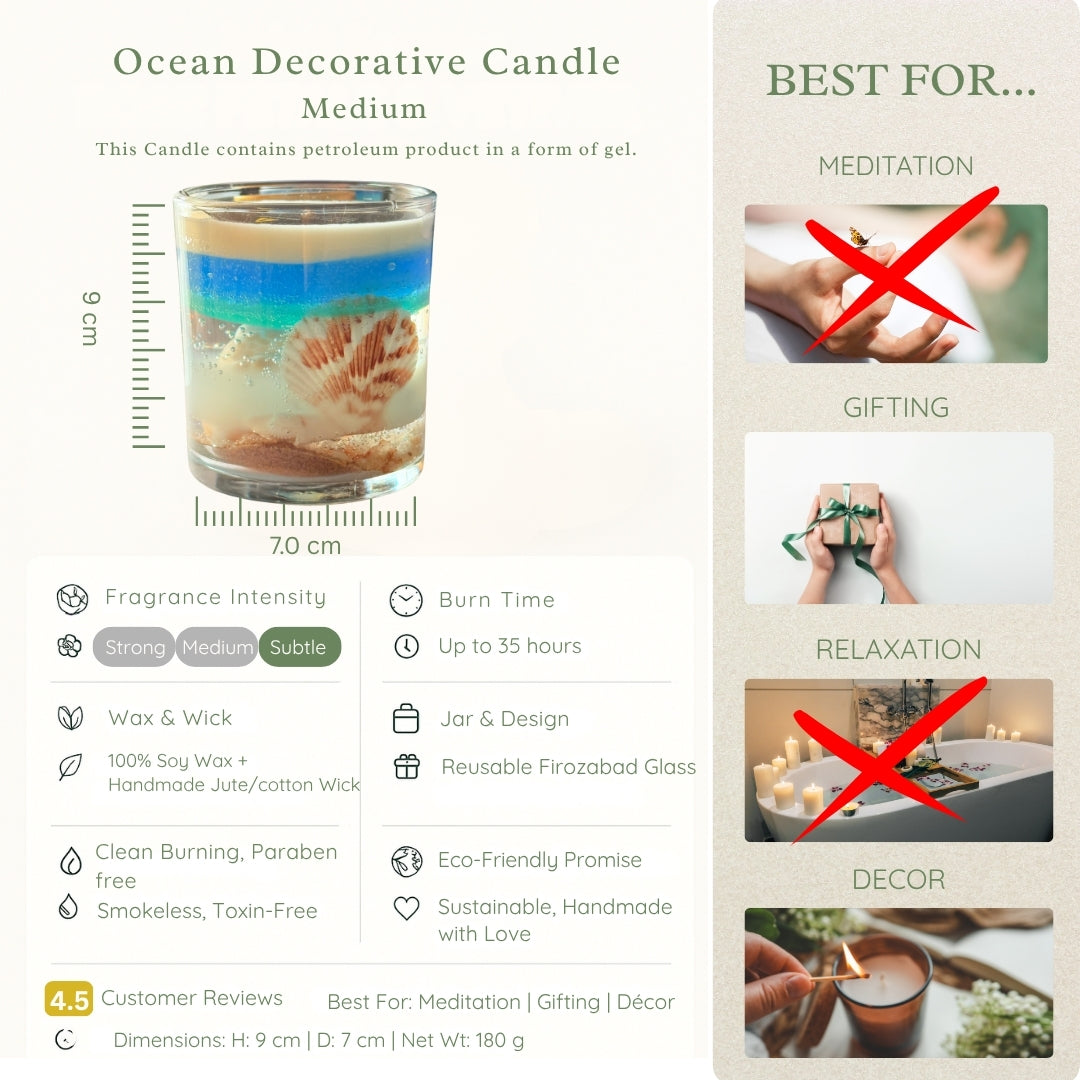 Ocean decorative candle with product details and usage suggestions on a white background