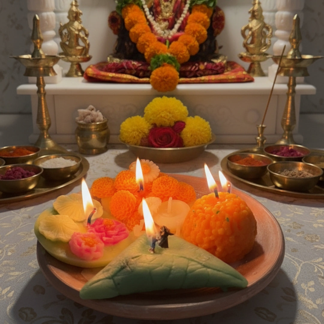 Decorative candles with flowers on a tray in front of an altar with religious items.