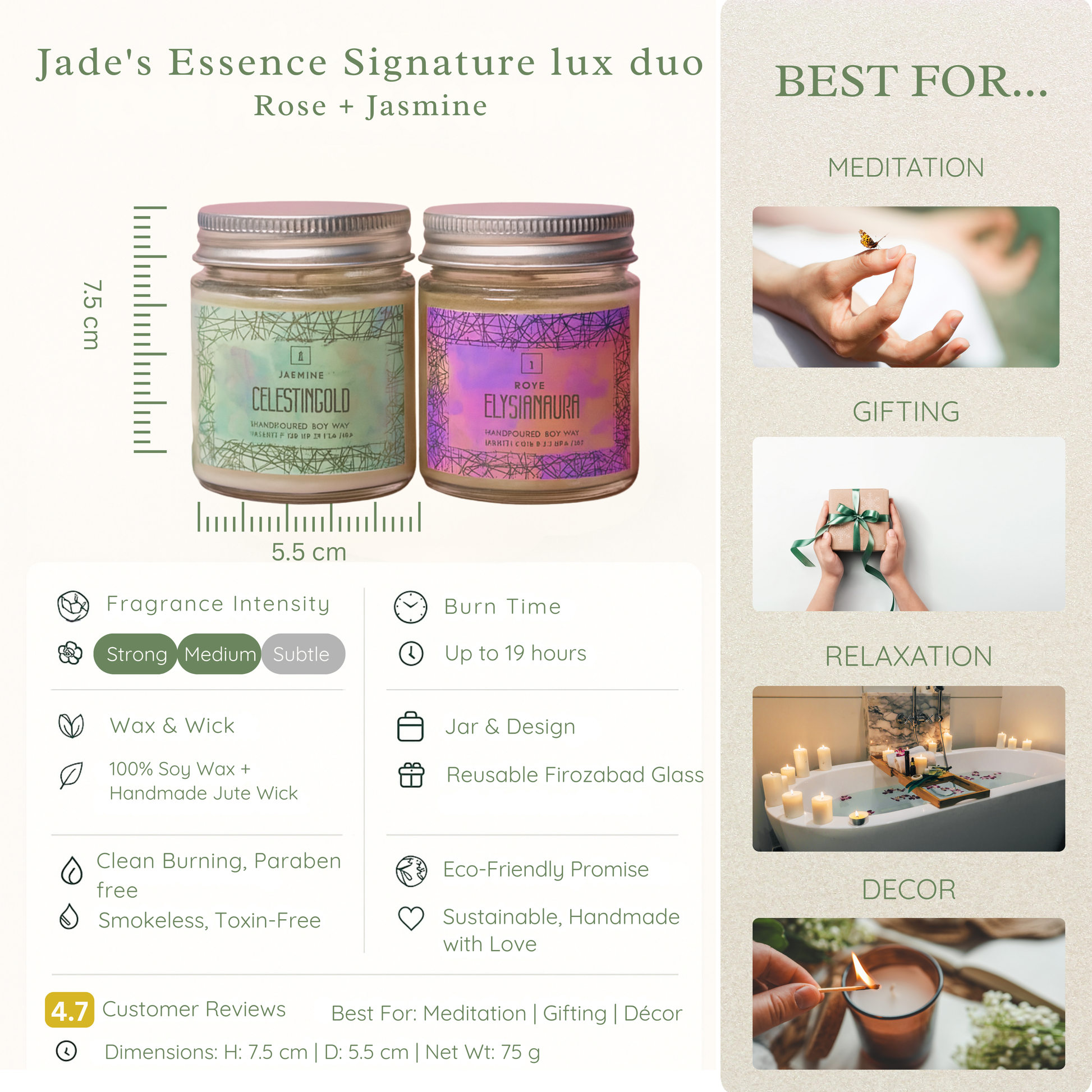 Two Ecofriendly candles in jars with product details on a white background