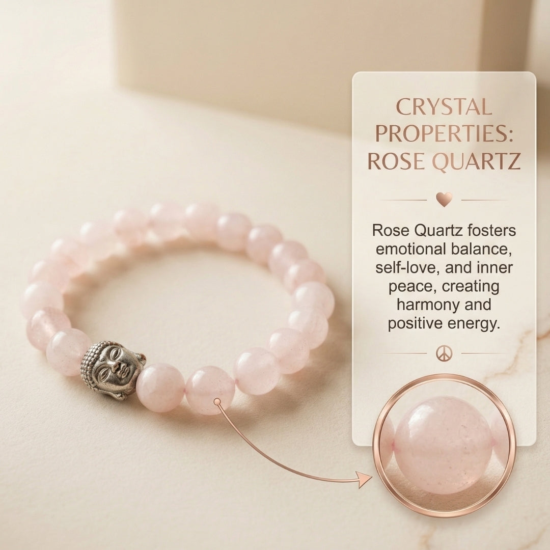 Rose Quartz bracelet with a card explaining its properties on a beige background