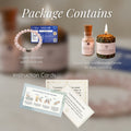 Product package containing a crystal bracelet with certificate, Epsom salt and beeswax candle, and instruction cards on a blurred background.