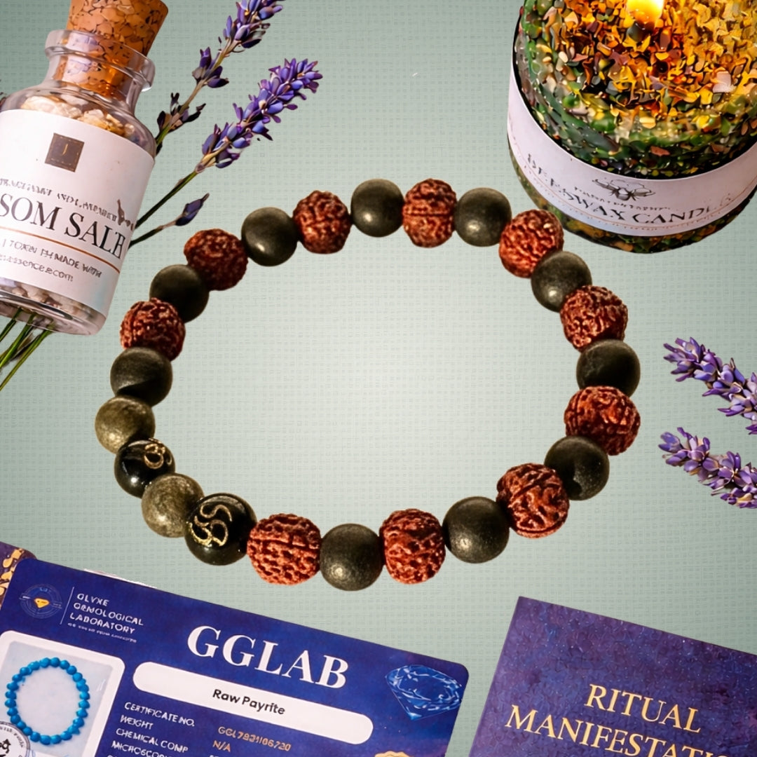 Bracelet with beads on a light green background with bottles and lavender flowers.