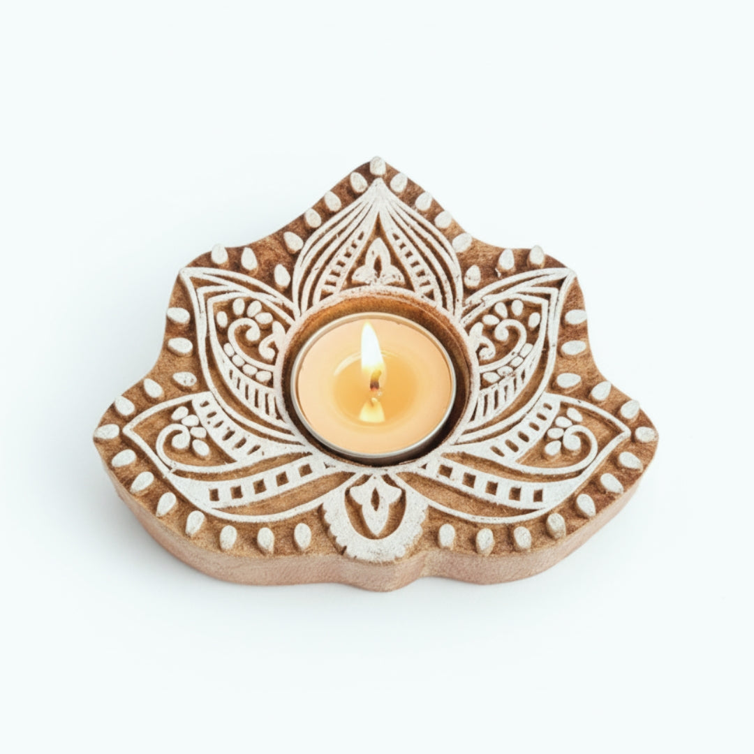 Decorative wooden tealight holder with intricate patterns 