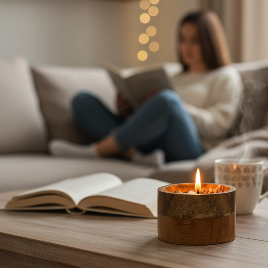 Wooden container with a lit candle inside, featuring small stones and flowers on a light background