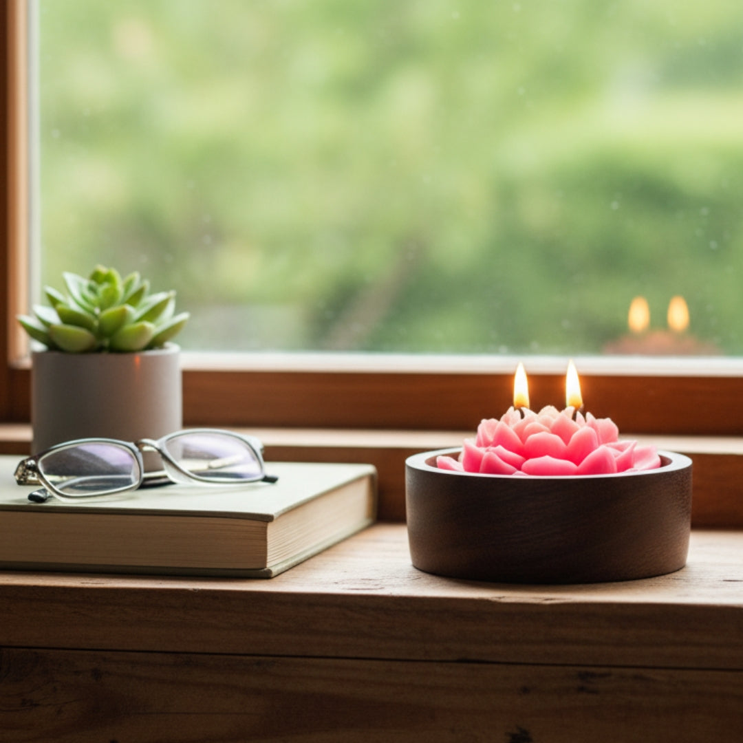Pink flower-shaped candle in a wooden holder on a white background