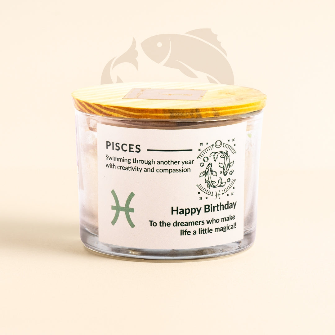ecofriendly Candle jar with a label for Pisces birthday wishes on a beige background