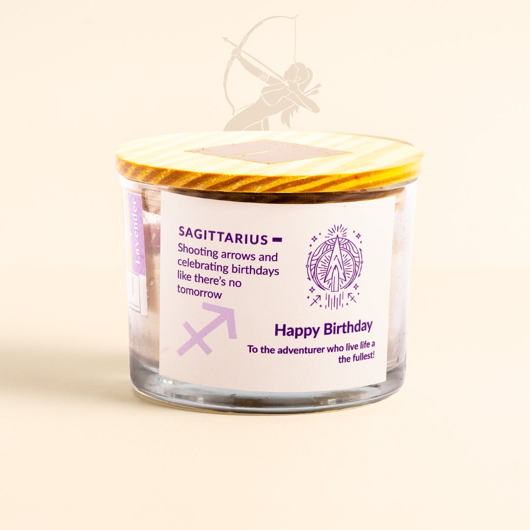 ecofriendly Scented candle with Sagittarius zodiac label on a white background