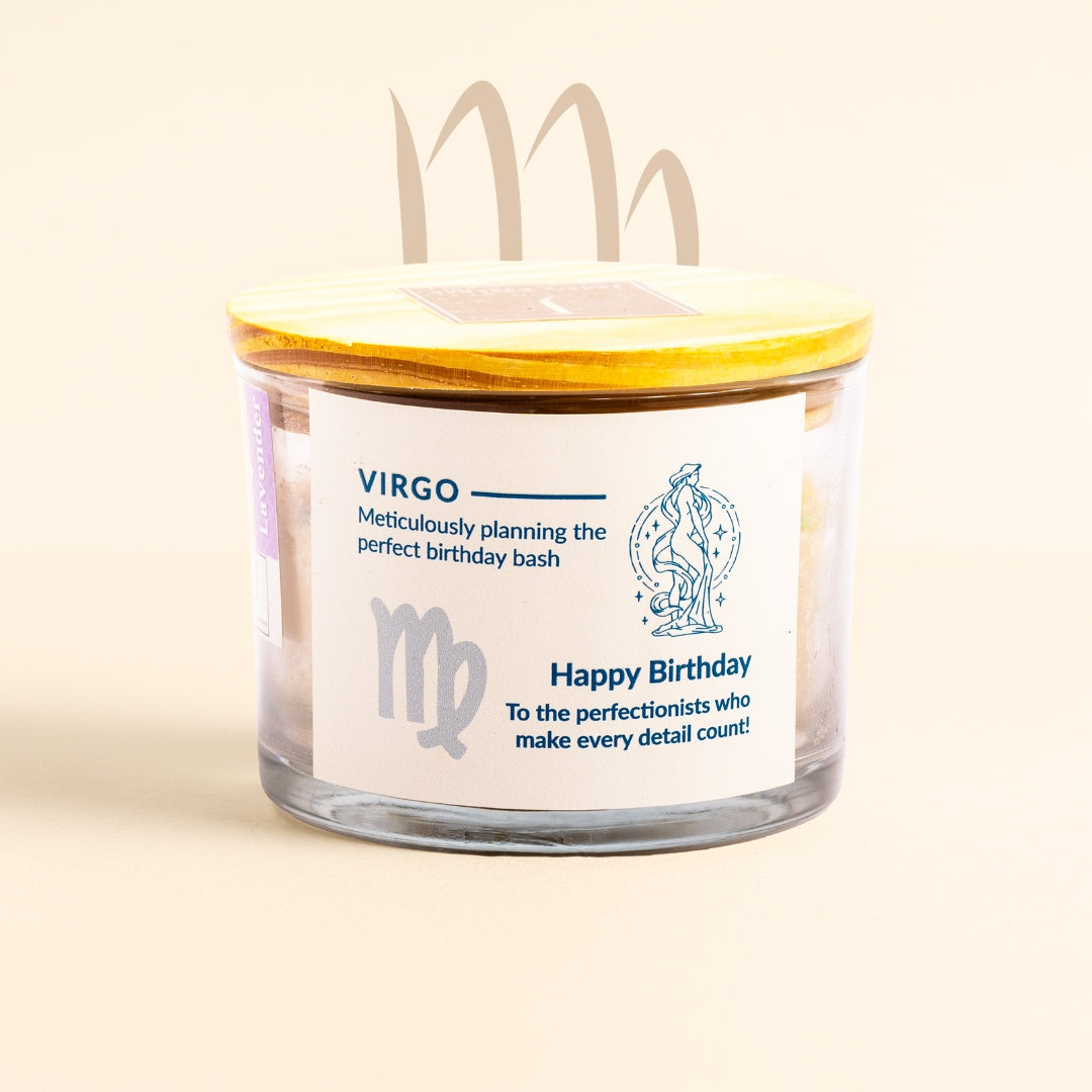 ecofriendly Candle in a glass jar with a yellow lid, featuring a Virgo zodiac label on a beige background.